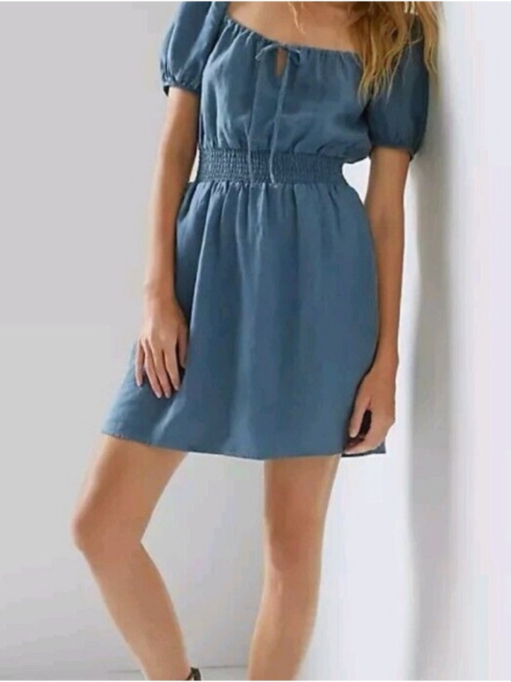 cloth & stone Dusty Blue Peasant style Linen Mini Dress-Small